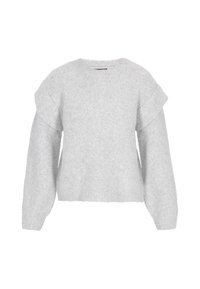 Lys grå strikket sweater med rund halsudskæring, flæse detaljer på skuldrene og løse lange ærmer. Blød tekstur med ribbet kant.