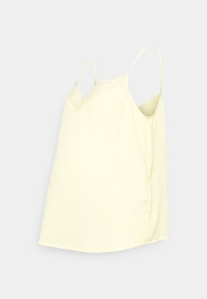 Camisola amarela com alças finas, acabamento rendado ao longo da gola, tecido suave e leve, e um corte descontraído.