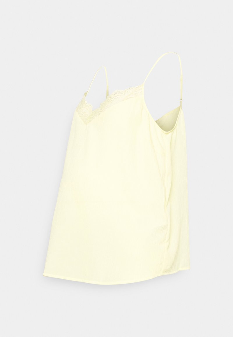 Camisola amarela com alças finas, acabamento rendado ao longo da gola, tecido suave e leve, e um corte descontraído.