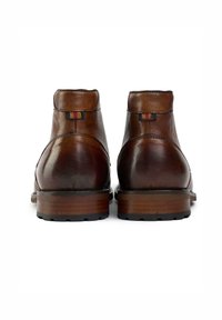 Brown leather ankle boots with a smooth texture, raised heel, and a colorful striped accent on the back, featuring a durable rubber sole.