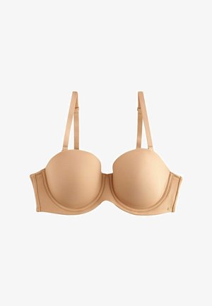 Nude bh met gladde voorgevormde cups, verstelbare bandjes en beugel. Beschikt over een subtiele glans en een gouden accent aan de zijkant.