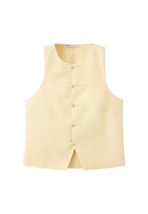 Gilet sans manches jaune clair avec cinq fermetures à boutons noués et une petite fente centrale à l'avant de l'ourlet.