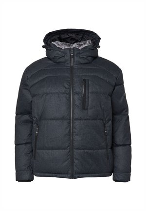 Pikowana ciemnoszara zimowa kurtka z kapturem, wyposażona w kieszenie na suwak oraz delikatną teksturę. Zamek błyskawiczny z przodu dla łatwego zakładania.