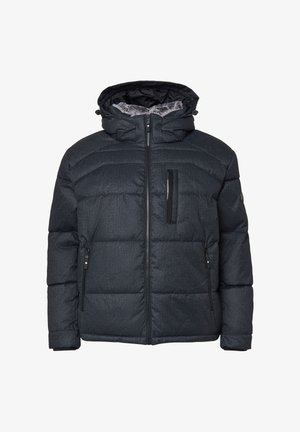 Pikowana ciemnoszara zimowa kurtka z kapturem, wyposażona w kieszenie na suwak oraz delikatną teksturę. Zamek błyskawiczny z przodu dla łatwego zakładania.