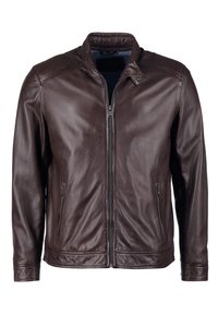 Brun läderjacka med dragkedja framtill, två sidofickor, knappkrage och slät yta. Har en ren, klassisk design och rak passform.