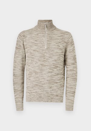 Beige and light brown marled knit pullover with long sleeves, high collar, and front half-zip on a plain white background.