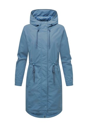 Lichtblauwe, knielange jas van nylon met een capuchon, trekkoord in de taille, drukknoopsluiting en zijzakken. Soepele textuur en minimaal design.