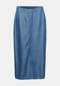 Jeanskjol i medium blå med elastisk midja och rak skärning. Har en mittsöm och slät yta.