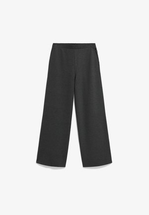 Wijde pijpen in donkergrijs, gemaakt van zachte stof, met een elastische tailleband en zijzakken voor functionaliteit.