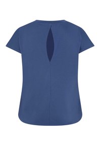 T-shirt s kratkim rukavima plave boje, s okruglim izrezom i otvorom u obliku ključa na leđima. Glatka tkanina s opuštenim krojem i zakrivljenim rubom.