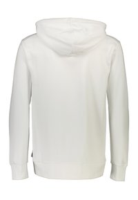 Felpa bianca con cappuccio, maniche lunghe, orlo dritto e una texture di tessuto morbida. Design semplice senza motivi o accenti.