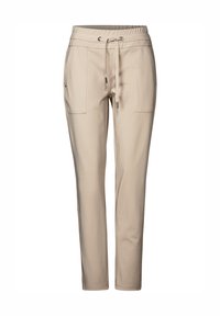 Beige pants with a slim fit, featuring an elastic waistband and drawstring, two front pockets, and a smooth texture.