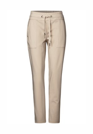 Beige pants with a slim fit, featuring an elastic waistband and drawstring, two front pockets, and a smooth texture.