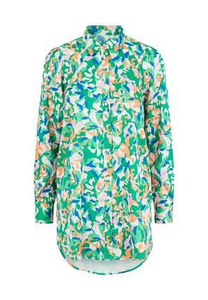 Langærmet skjorte med knapper, med et abstrakt blomsterprint i grønne, blå, ferskenfarvede og hvide nuancer samt en spids krave.