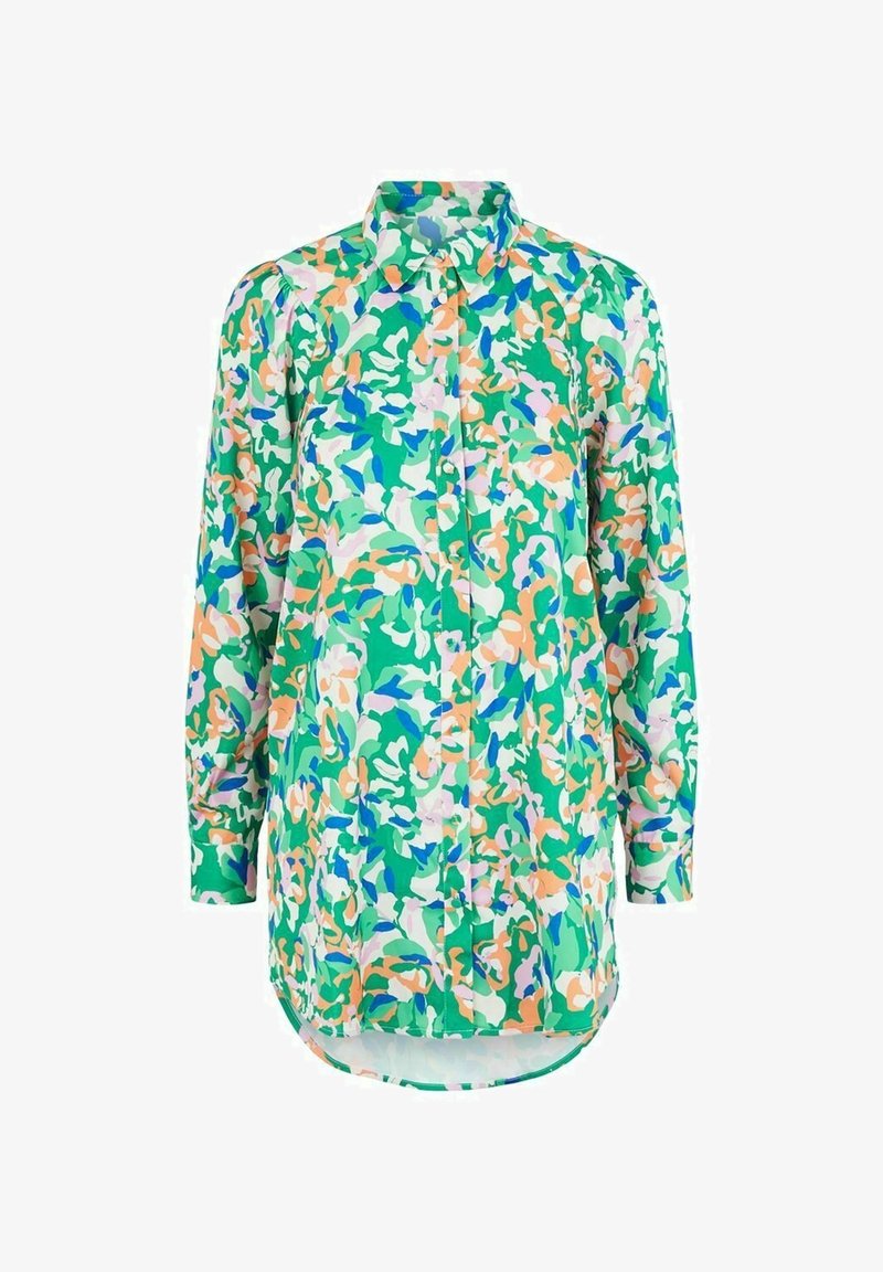 Chemise à manches longues avec boutons, motif floral abstrait en vert, bleu, pêche et blanc, col pointu.