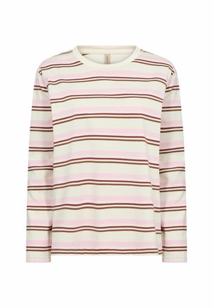 Langärmliges shirt in crème met roze en bruine horizontale strepen. Voorzien van een ronde hals en zachte, gladde katoenen stof.