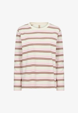 Krém színű hosszú ujjú ing rózsaszín és barna vízszintes csíkokkal. Kerek nyakkivágással és puha, sima pamut anyagból készült.