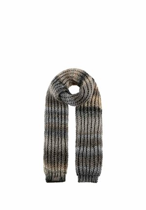 Thick knitted scarf in gradient shades of gray, beige, and black, looped at the top, displayed on a white background.