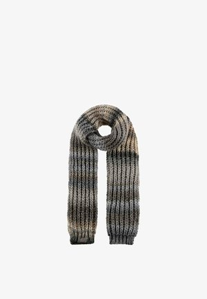 Thick knitted scarf in gradient shades of gray, beige, and black, looped at the top, displayed on a white background.
