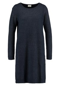 Robe pull en maille bleu marine foncé à manches longues avec encolure ronde et poignets et ourlet côtelés, étiquette "VILA" sur le col intérieur.
