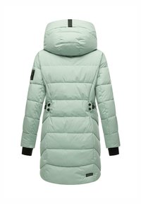 A mint green puffer jacket featuring a large hood, quilted texture, and toggle accents at the waist. Black cuffs provide contrast.