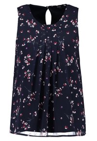 Blomstrig ärmlös topp i marinblått med röda och vita blommönster, plisserad framdel och ett nyckelhålsöppning bak med knäppning.