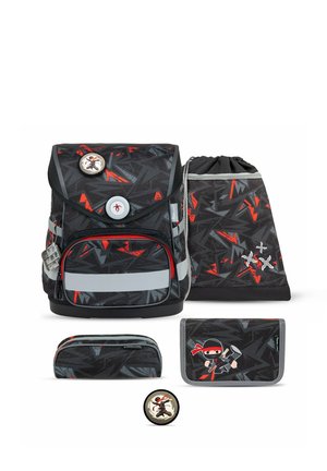 Backpack set featuring a main bag, drawstring pouch, pencil case, and wallet. Black with red and gray geometric patterns. Reflective accents included.