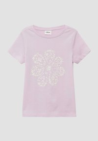 Lichtpaarse katoenen t-shirt met een ronde hals en korte mouwen, voorzien van een witte bloemenprint in het midden. Zachte textuur en casual ontwerp.