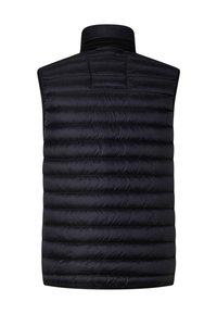 Czarna kamizelka puchowa z poziomym pikowaniem, wysokim kołnierzem i bez rękawów. Gładki, lekki materiał o subtelnym połysku.