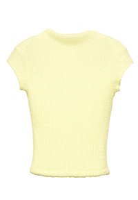 Sárga, rövidre szabott pulóver bordázott textúrával, rövid ujjal és ívelt dekoltázzsal, puha, könnyű kötött anyagból készült.