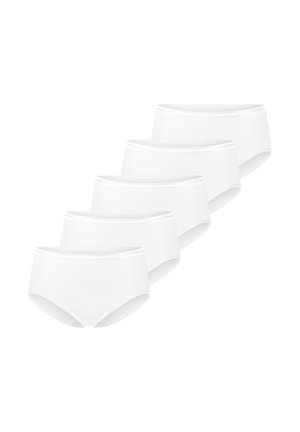 Set of five plain white women's cotton briefs arranged in a diagonal row on a white background.