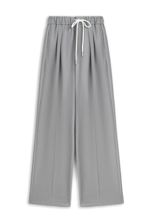 Jasnoszare spodnie o szerokich nogawkach wykonane z gładkiego materiału, z elastycznym paskiem w talii z białym sznurkiem i dwoma bocznymi kieszeniami.