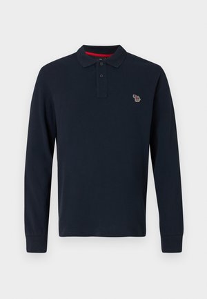 Langärmliges Navy-Polohemd aus Baumwolle, mit einem Kragen mit zwei Knöpfen und einem gestickten Design auf der linken Brust.