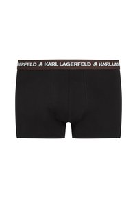 Černé boxerky vyrobené z bavlny, s hnědým elastickým pasem a bílým logem "KARL LAGERFELD", s jemnou texturovanou úpravou.