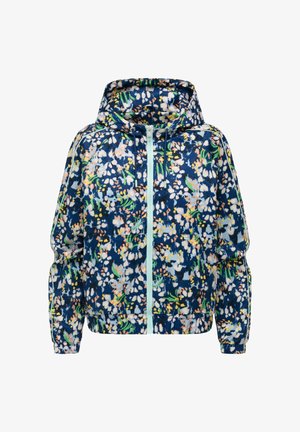 Hoodie met ritssluiting, elastische manchetten en zoom, uitgevoerd in blauw met meerkleurige abstracte bloemen- en bladerenpatronen.