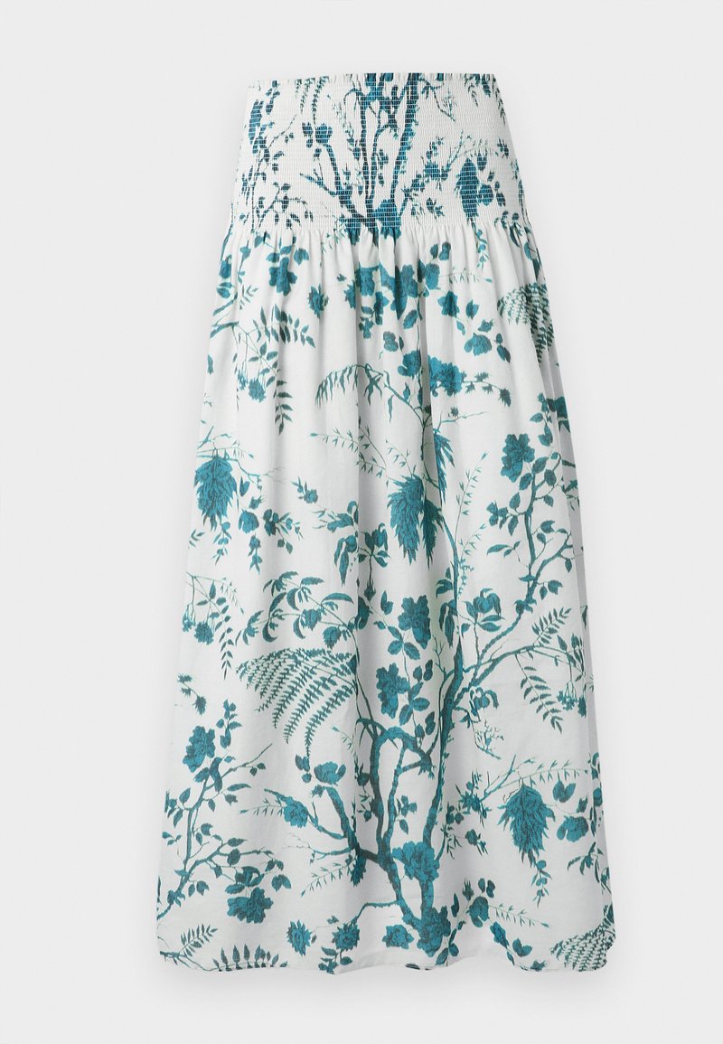 Weißer Midirock mit türkisfarbenem botanischem Blumenmuster und gerafftem elastischem Bund.