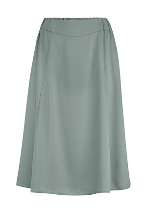 Midi-lengte A-lijn rok in gedempt saliegroen met een eenvoudige tailleband en minimale naaddetails, weergegeven op een witte achtergrond.