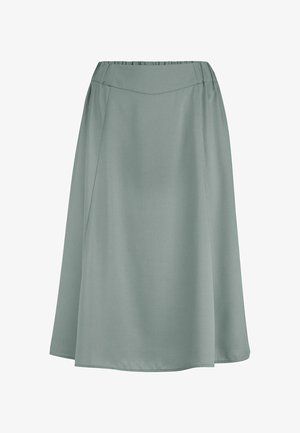 Midi-langer A-Linien-Rock in gedämpftem Salbeigrün mit schlichter Taille und minimaler Nahtgestaltung, präsentiert auf weißem Hintergrund.