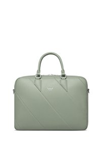 Grüne Kunstleder-Laptoptasche mit diagonalem Stich, doppelten Griffen und einem silbernen Logo. Rechteckige Form, glatte Textur, Reißverschlussverschluss.