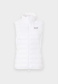 Λευκό αμάνικο μπουφάν τύπου puffer με όρθιο γιακά, μπροστινό φερμουάρ, πλαϊνές τσέπες και λογότυπο EA7 Emporio Armani στο στήθος.