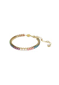 Pulsera de oro con un diseño de piedras multicolores en una variedad de tonalidades, asegurada con un cierre de langosta y una extensión de cadena ajustable.