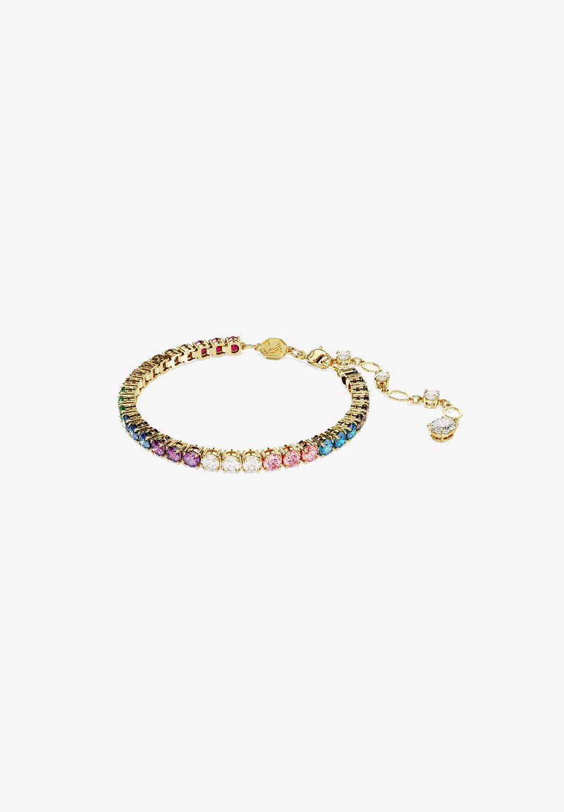 Bracciale in oro con design di pietre multicolori, caratterizzato da una gamma di tonalità, chiuso con un gancio a molla e con catena di estensione regolabile.
