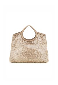 Borsa a tracolla dorata con manico arrotondato, texture morbida e corpo strutturato. Presenta una rifinitura beige liscia e un design aperto.