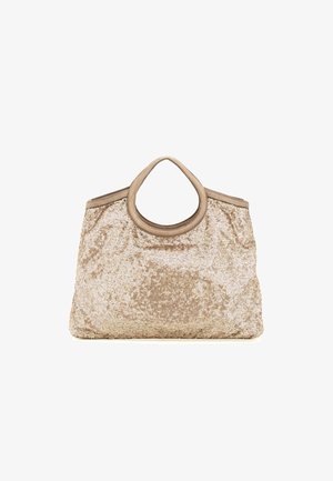 Borsa a tracolla dorata con manico arrotondato, texture morbida e corpo strutturato. Presenta una rifinitura beige liscia e un design aperto.