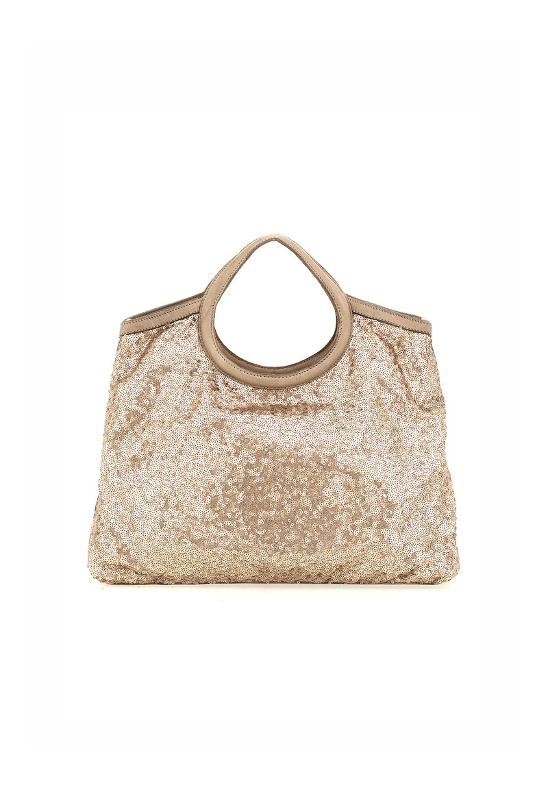 Borsa a tracolla dorata con manico arrotondato, texture morbida e corpo strutturato. Presenta una rifinitura beige liscia e un design aperto.
