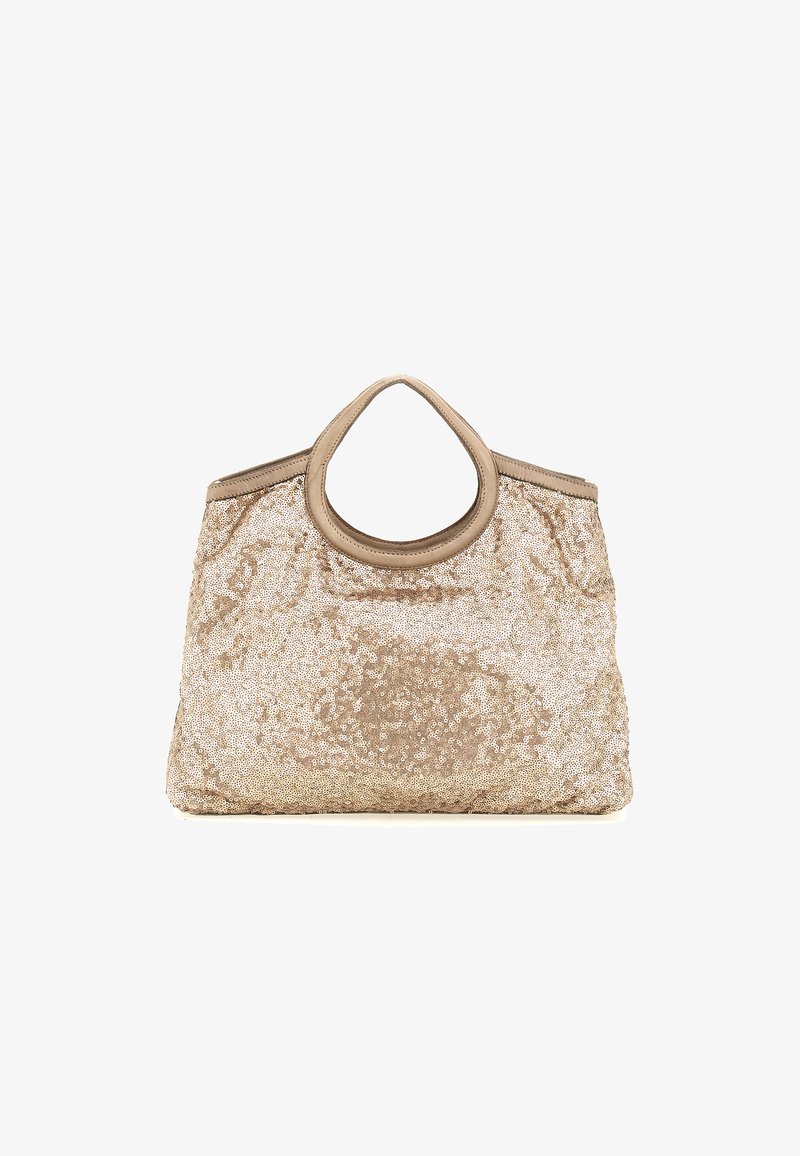 Borsa a tracolla dorata con manico arrotondato, texture morbida e corpo strutturato. Presenta una rifinitura beige liscia e un design aperto.