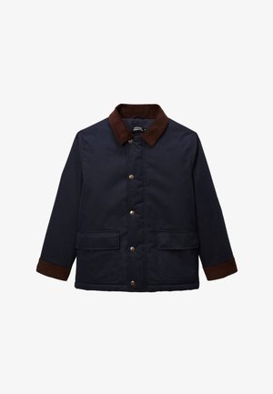 Veste d'extérieur marine avec col et poignets en velours côtelé marron, dotée d'une fermeture à boutons-pression et de deux poches avant. Texture lisse.