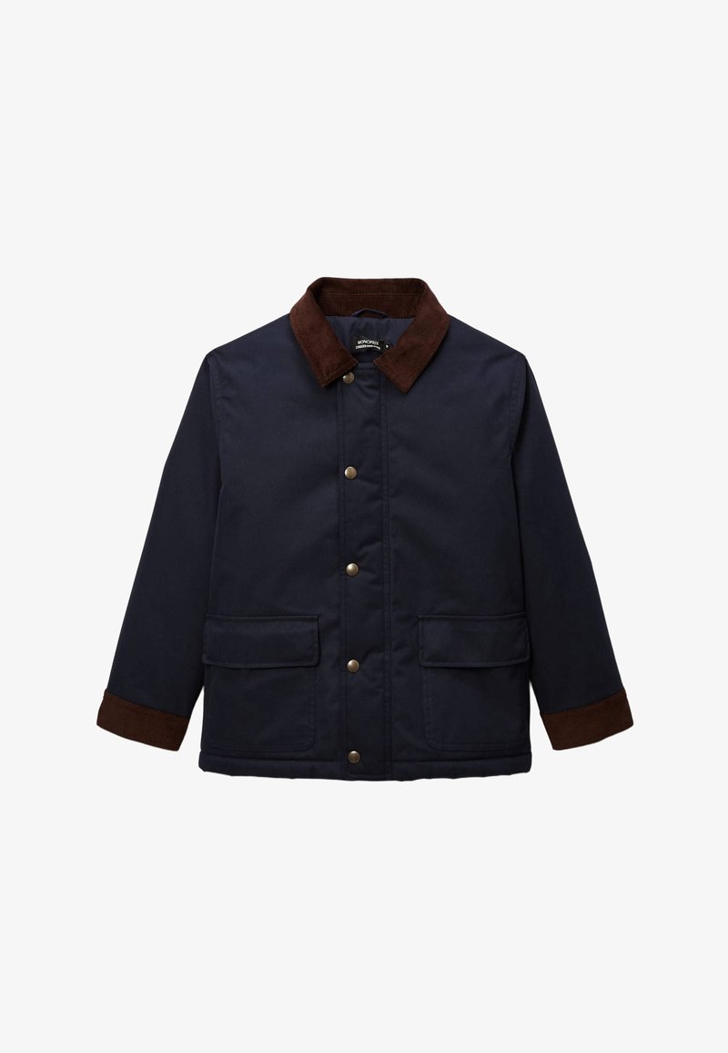 Veste d'extérieur marine avec col et poignets en velours côtelé marron, dotée d'une fermeture à boutons-pression et de deux poches avant. Texture lisse.