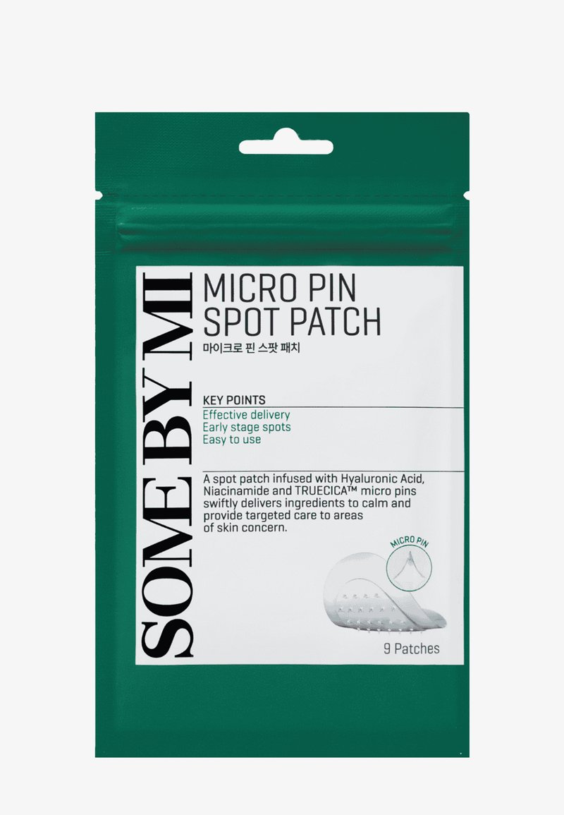 SOME BY MI Micro Pin Spot Patch verpakking met 9 pleisters, benadrukt effectieve werking, vroege fase plekverzorging en gemakkelijk gebruik.