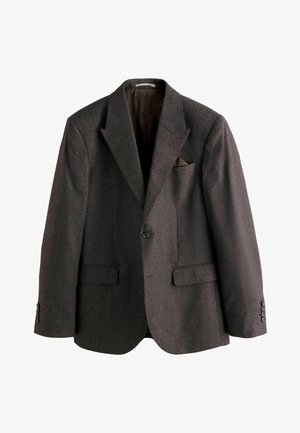 Dark gray men's blazer with notched lapels, single-button closure, flap pockets, and a pocket square in the breast pocket.